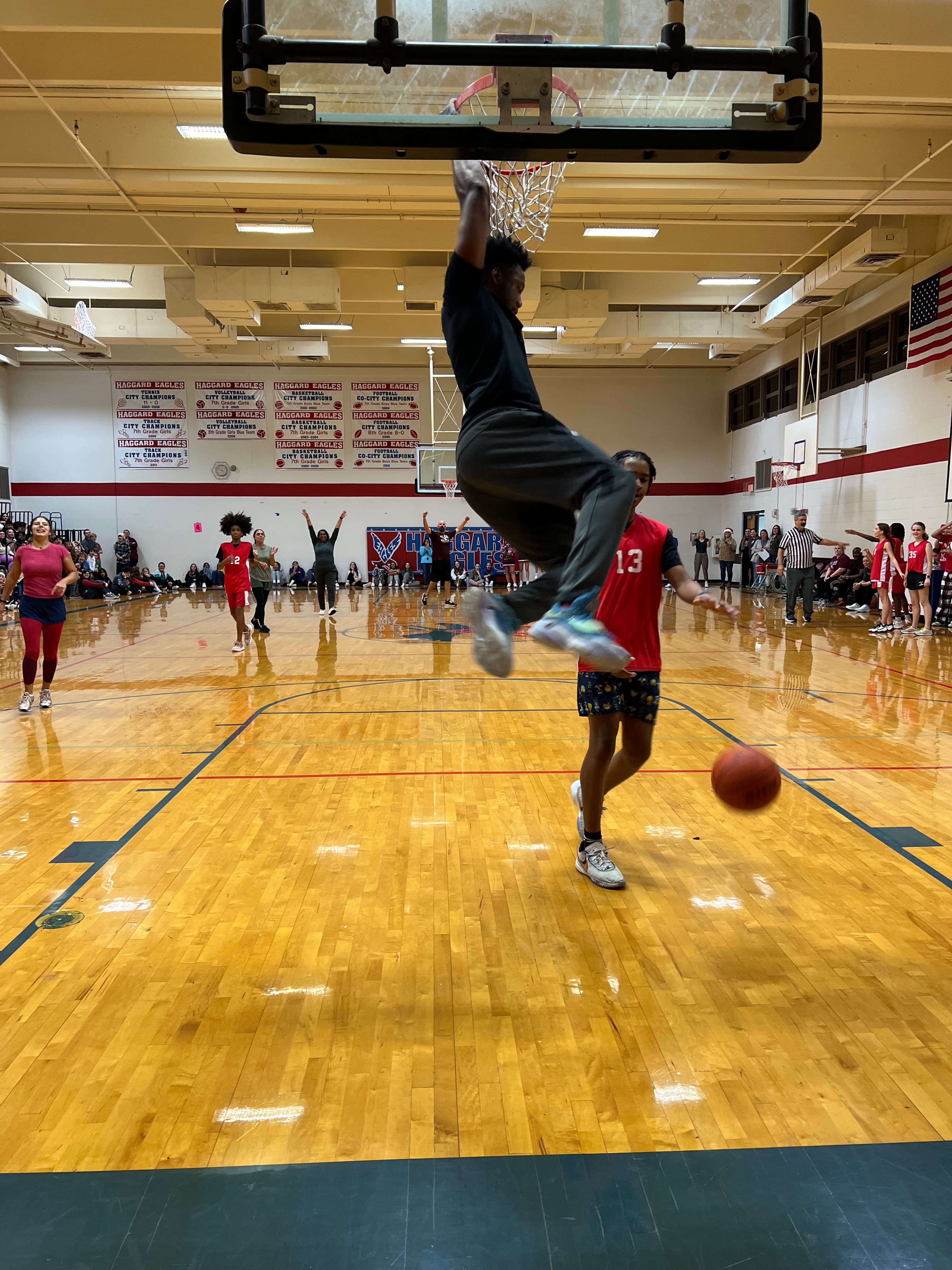 Action shot of dunk during basketball event