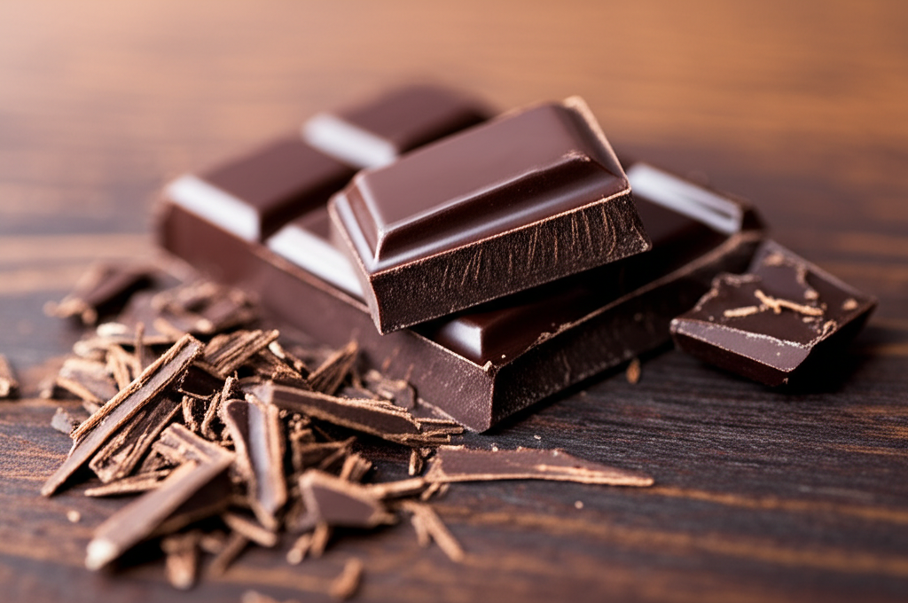 Pieces of dark chocolate with cacao beans
